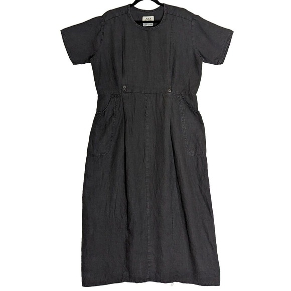 Flax Dresses & Skirts - Vintage Flax Jeanne Engelhart Linen Dress Medium Black Lagenlook Buttons Pockets